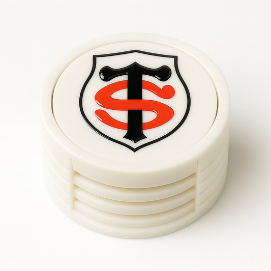 Set supporter Stade Toulousain – Décapsuleur + 4 sous-verres + socle – Impression 3D & finition résine
