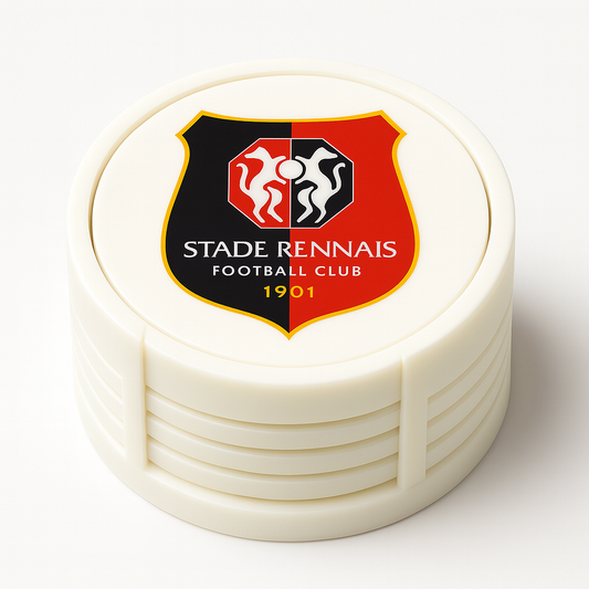 Set supporter Stade Rennais – Décapsuleur + 4 sous-verres + socle – Impression 3D & finition résine