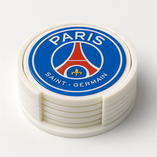 Set supporter PSG – Décapsuleur + 4 sous-verres + socle – Impression 3D & finition résine